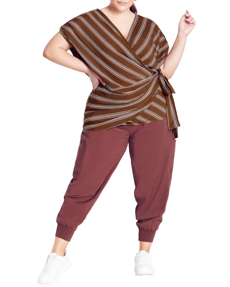 Front of a model wearing a size S TOP STRIPE WRAP in Clove / Ivory by City Chic. | dia_product_style_image_id:297837